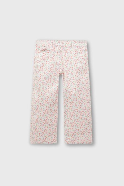 Girls White Floral Twill Wide Pants