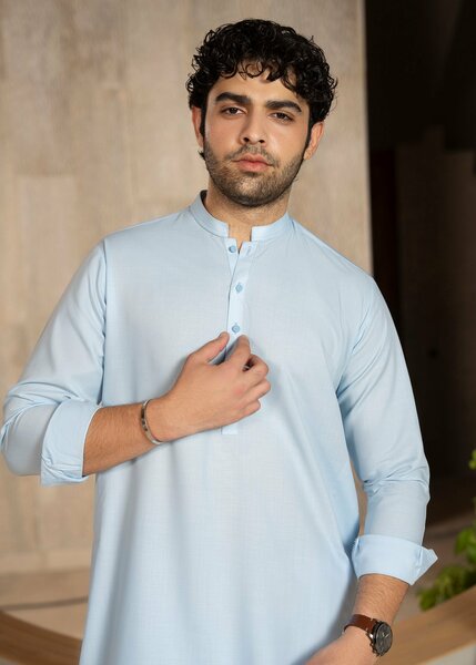 Buraq Men RTW Solids Wash N Wear Kurta Shalwar Suit Sky Blue Casual Collection