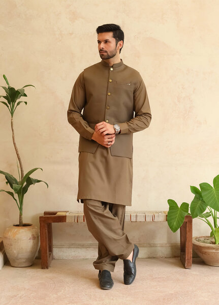 A-Line by Mazham RTW Solids Blended 3 Piece Suit Olive Brown Winter Collection