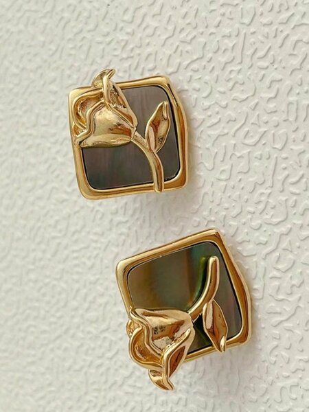 Shein - 1pair New Trendy & High-End & Fashionable & Vintage Geometric Metal & Rose Flower Shaped Earrings With 925 Sterling Silver Pin For Women