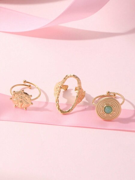 Shein - 3pcs/set Fashion Stainless Steel Round Decor Ring For Women For Daily Life