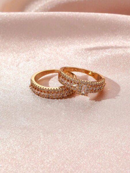 Shein - 2Pcs 18K Gold Plated Zircon Decor Ring