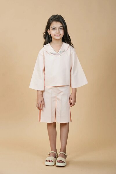 Strawberry Milk |  Pure cotton co-ord set with hand-embroidered collar