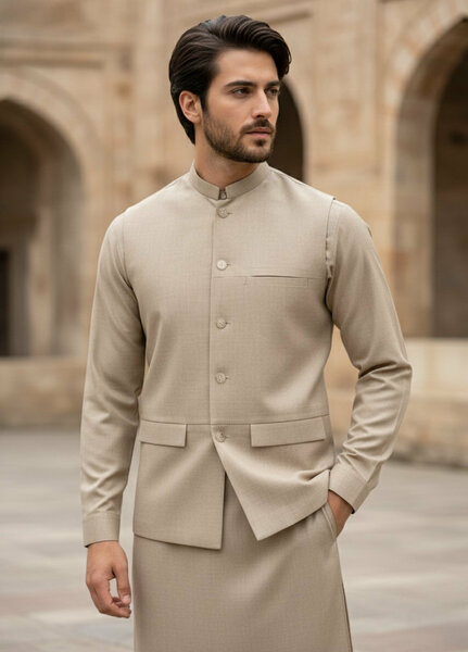TGM Men RTW Solids Blended 3 Piece Suit Sahara Beige Prestige Festive Collection