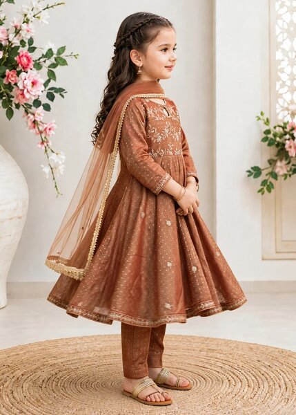 Modest Girls RTW Embroidered Cotton Lawn 3 Piece Suit Frock 11275-BRN Festive Collection