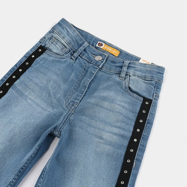 Girls Studded Side Tape Stretch Denim Bootcut Pants – Light Blue