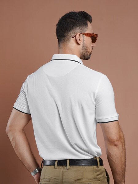 White Plain Contrast Tipping Half Sleeves Polo T-Shirt (POLO-841)