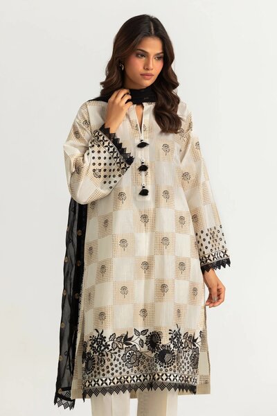 3PC Dobby Slub Gold Printed Embroidered Suit With Gold Printed Chiffon Dupatta