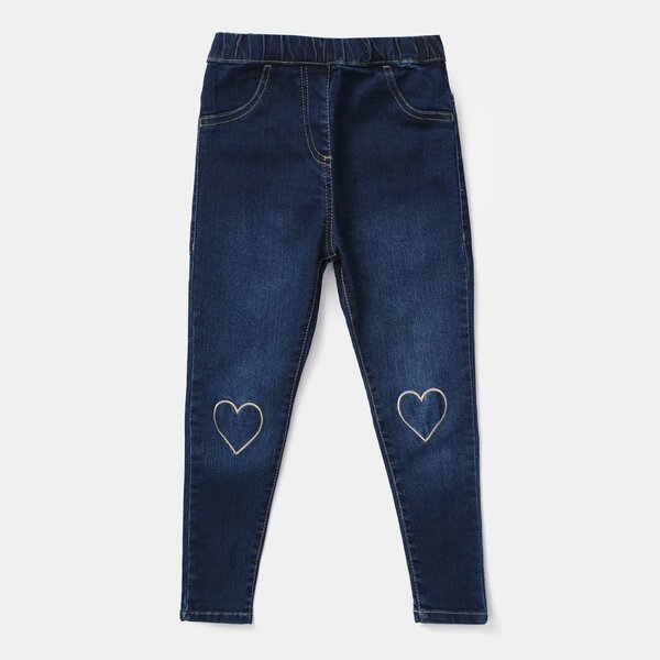 Girls Denim Stretch Jeggings (HEART PATCH) - Dark Blue