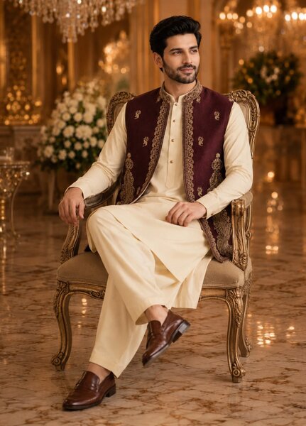 TGM Men RTW Textured Blended 3 Piece Suit Artisan Ruby Festive Collection