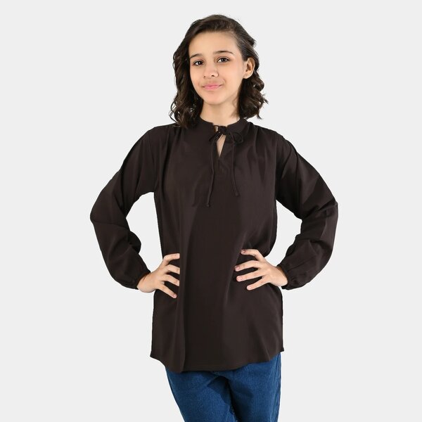 Teens Girls Tie-Neck Poly Viscose Casual Top – Dark Brown