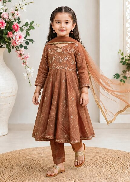 Modest Girls RTW Embroidered Cotton Lawn 3 Piece Suit Frock 11275-BRN Festive Collection