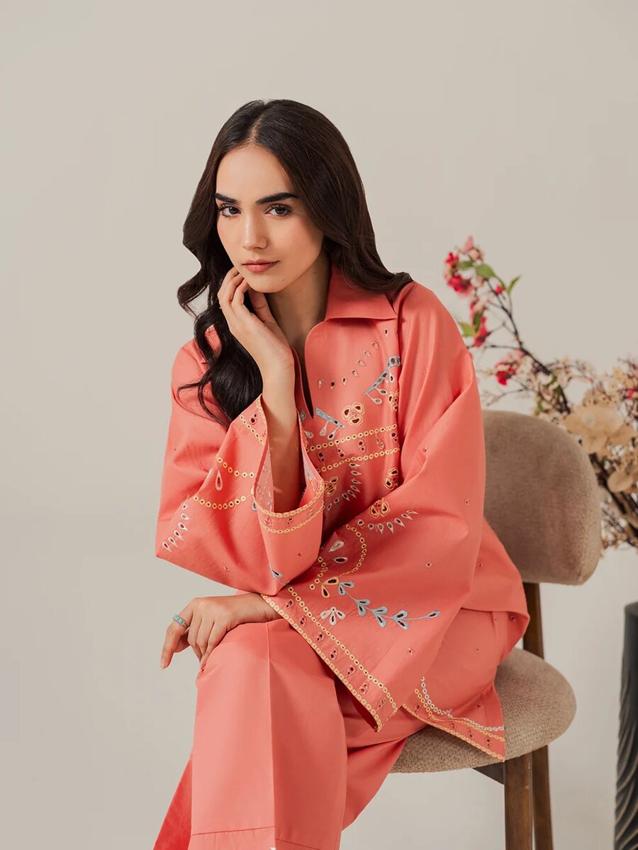 Coral- 2Pcs Embroidered Coord Set