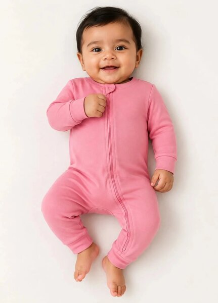 Lambkin Kids RTW Solids Cotton 1 Piece Pink Zipper Romper - Casual Collection