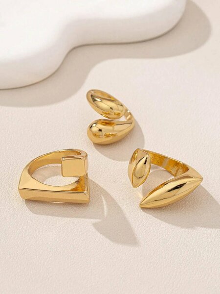 Shein - 3pcs Geometric Hollow-Out Gold Color Rings Set