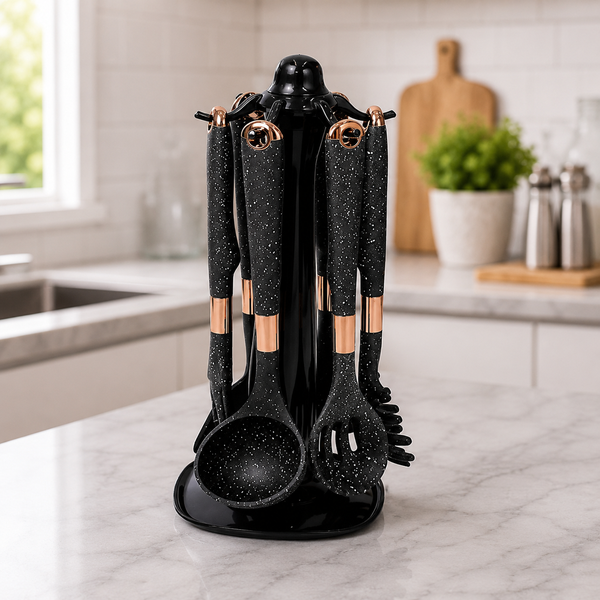 7 PCS Premium Black Speckled Silicone Kitchen Utensil Set with Rotating Stand | Heat-Resistant Non-Stick Cooking Spoon Set