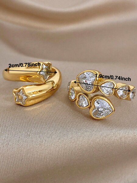 Shein - 18K Gold Plated Elegant Heart & Star Zirconia Adjustable Stainless Steel Ring Set