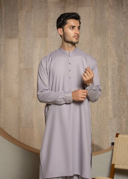 Buraq Men RTW Solids Wash N Wear Kurta Shalwar Suit Light lavender Ban Casual Collection