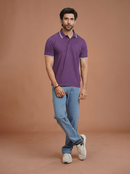 Purple Plain Contrast Tipping Half Sleeves Polo T-Shirt (POLO-1094)