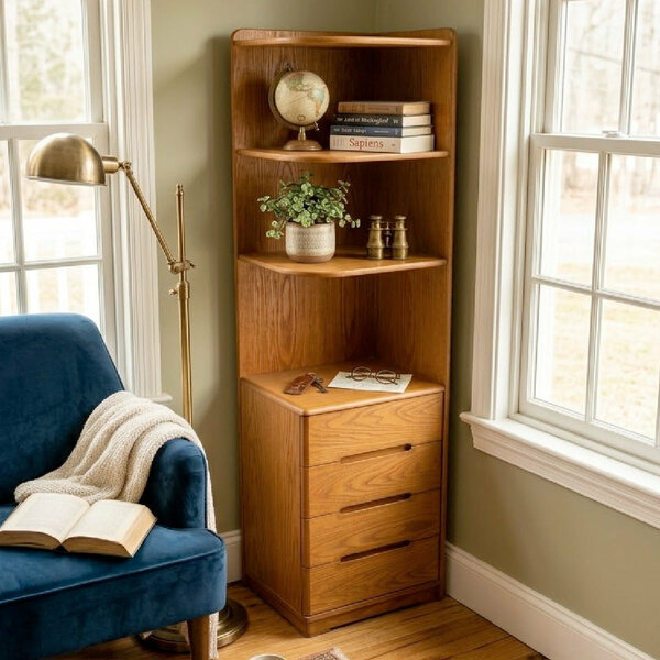 Elan Solid Wood Corner Bookshelf with Drawers