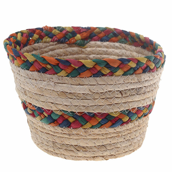 Handwoven Round White Basket with Multicolor Braided Rim – Small Natural Fiber Storage Organizer