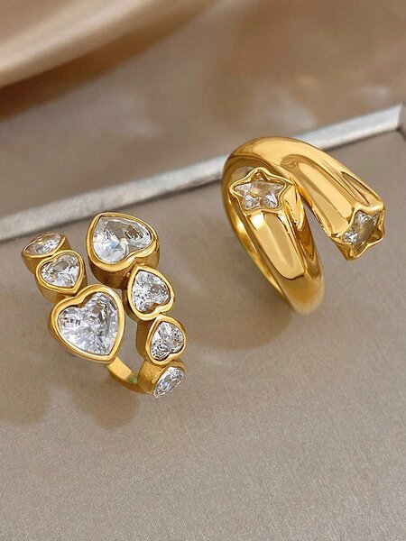 Shein - 18K Gold Plated Elegant Heart & Star Zirconia Adjustable Stainless Steel Ring Set