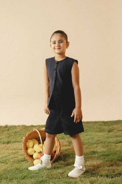 Azure Iris | Denim co-ord set with tailored sleeveless top and matching shorts