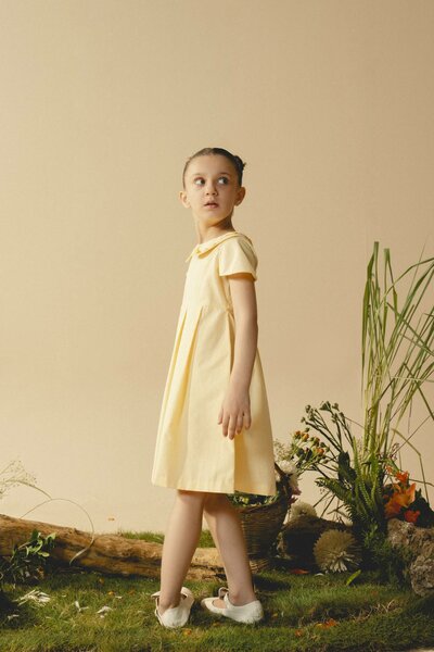 Marigold | Cream cotton blend pleated dress with hand-embroidered collar