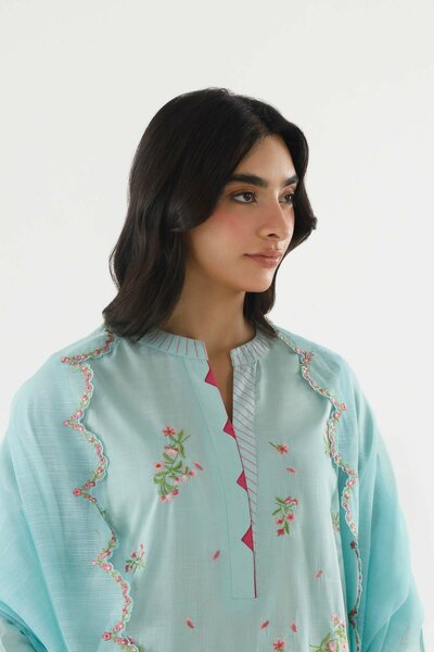 Stitched Embroidered Slub Lawn Suit