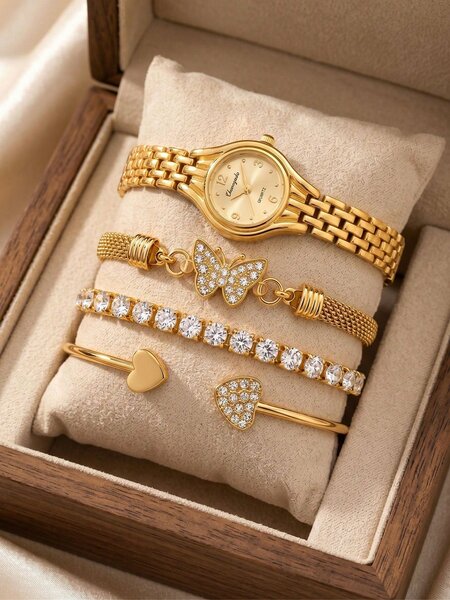 Shein - 4Pcs Fashionable Elegant Gold Women'S Watch & Jewelry Set