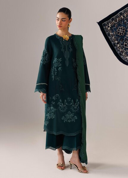 Q line by Qalamkar Unstitched Embroidered Slub Linen 3 Piece Suit QLK26UQL Roma QLW-09 - Winter Collection