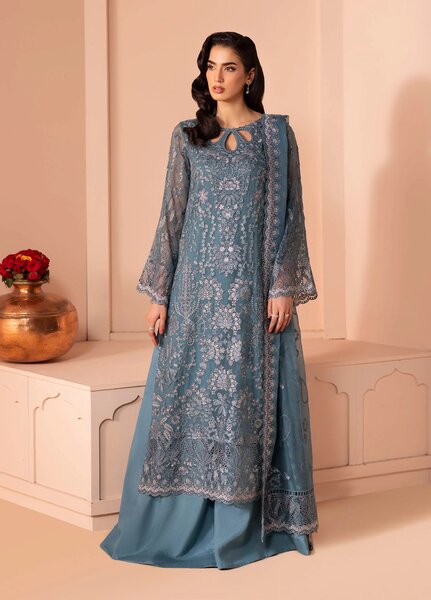 Murawwat by Lavish Premium Unstitched Luxury Chiffon Embroidered 3 peice LV25MC M-06 Ocean Teal - Formals Collection