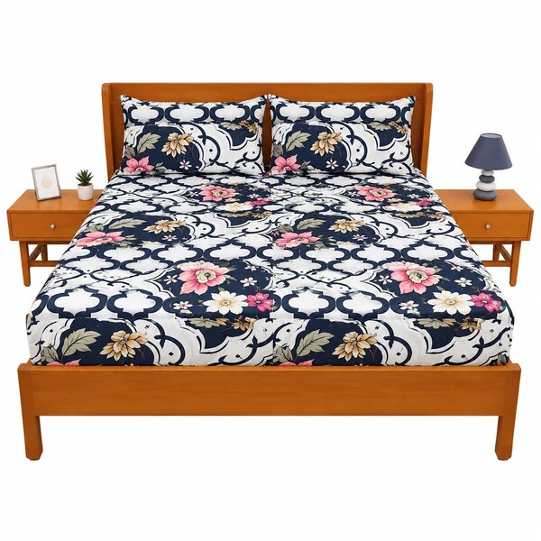 Floral Arch Black & White Double Bed Sheet – Elegant Floral Geometric Design