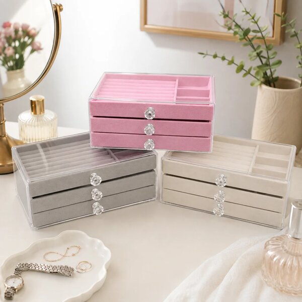 Assorted Multi-Tier Jewellery Box with Clear Compartments & Crystal Knobs