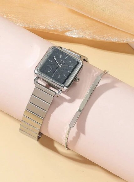 Shein - 1pc Women Silver Zinc Alloy Strap Fashionable Square Dial Quartz Watch & 1pc Bell Decor Chain Bracelet, For Daily Decoration
