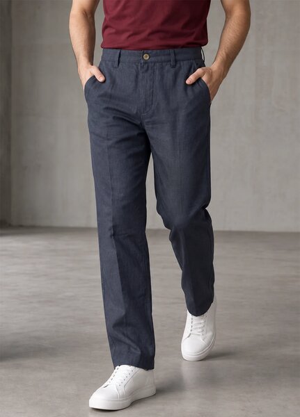 J F Denim Mens RTW Solids Linen Pants Suit Dark Blue - Casual Collection