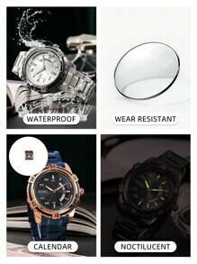 Shein - Men's Watch Quartz Movement New Leather Belt Luminous Waterproof Blue