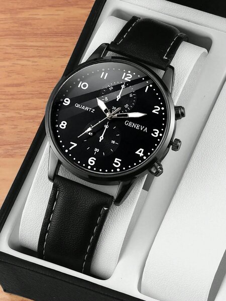 Shein - 1pc/4pcs Men's Casual Personalized Sports PU Leather Quartz Watch And Bullet Necklace Jewelry Set