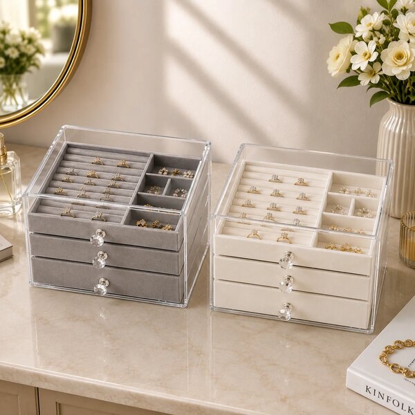 Assorted Multi-Tier Jewellery Box with Clear Compartments & Crystal Knobs