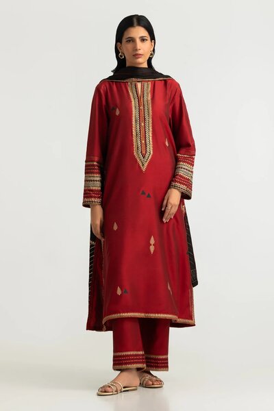 3PC Cotton Silk Embroidered Suit With Block Print