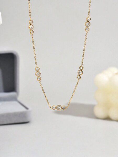 Shein - 1Pc 18K Gold Plated Minimalist Zirconia & Triple Round Diamond Stainless Steel Necklace