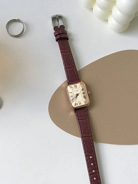 Shein - 1pc Teenager/Student Square Roman Numeral Dial Leather Band Quartz Watch - Brown