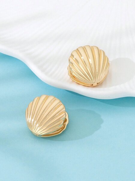 Shein - 1pair Simple Ocean Beach Style Metallic Double Side Printed Shell Dangle Earrings For Women
