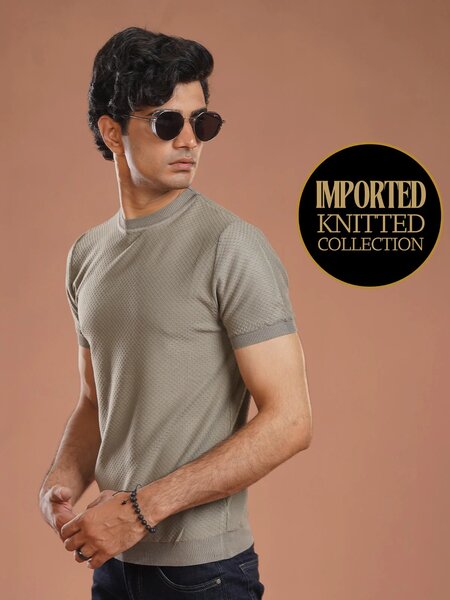 Dark Grey Premium Knitted Crew Neck T-Shirt (SKCN-029)