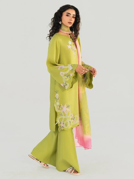 OLIVE LIME - 3pcs Khaddi Silk Ensemble