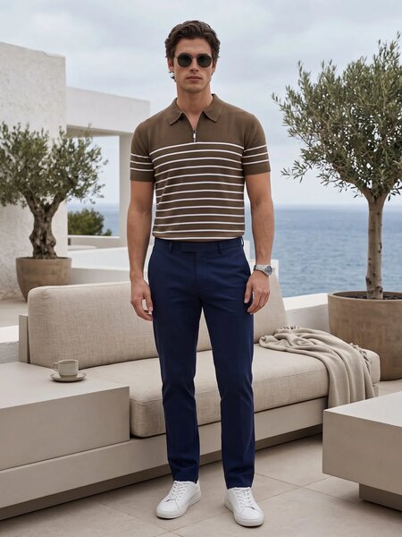 Golden Brown Striped Knitted Zipper Polo (SKZP-075)