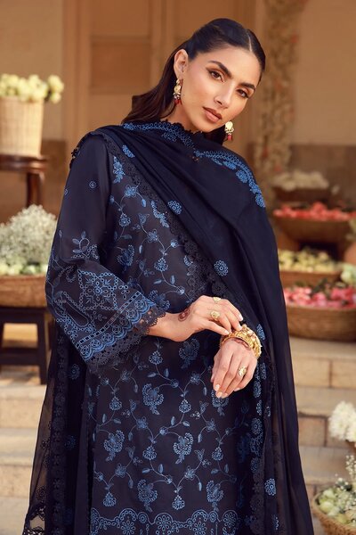 Sahar Unstitched Chikankari Lawn Nocturne Indigo 3 Piece Suit CK-26-V2-07 - Summer Collection