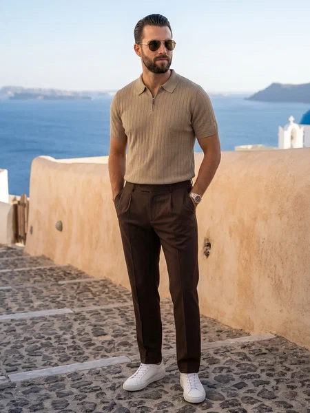 Light Brown Knitted Zipper Polo (SKZP-067)