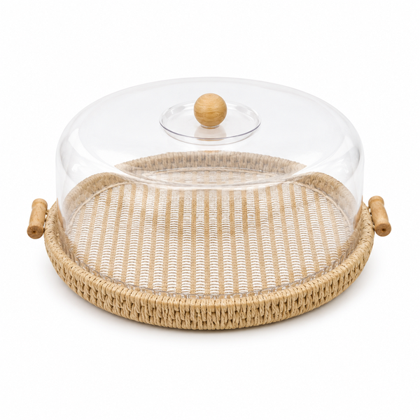 Round Brown Cake Dish with Clear Dome Cover & Woven Base – Small
