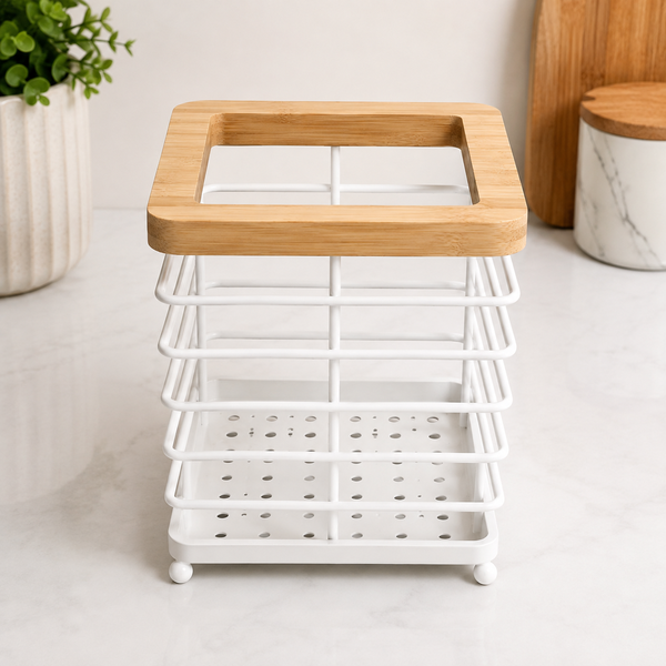 Square Wood & Iron Chopstick Holder – Black & White Kitchen Utensil Stand